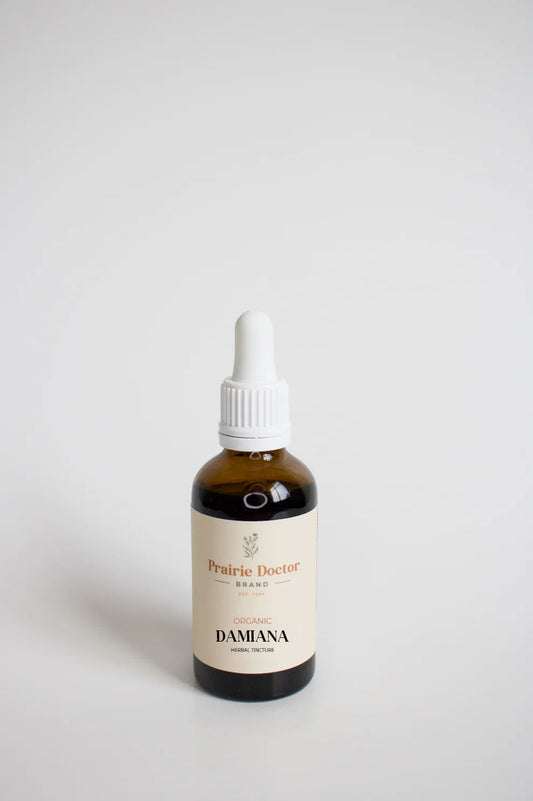 Our organic Damiana herbal tincture is crafted using organic, sustainably sourced Damiana leaf. Damiana is known for its ability to help relieve restlessness and nervousness (stress).