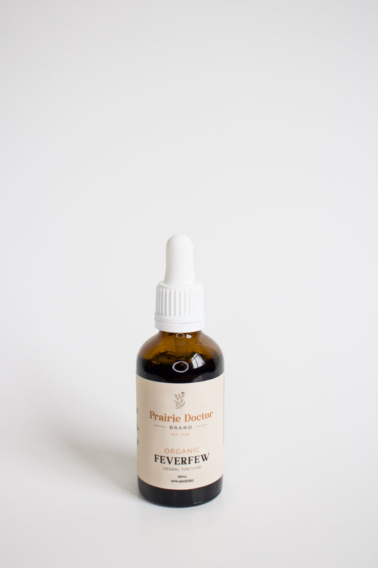 Our organic Feverfew herbal tincture has been crafted using organic, sustainably sourced Feverfew herb. Feverfew is known for its ability to help relieve headaches. 